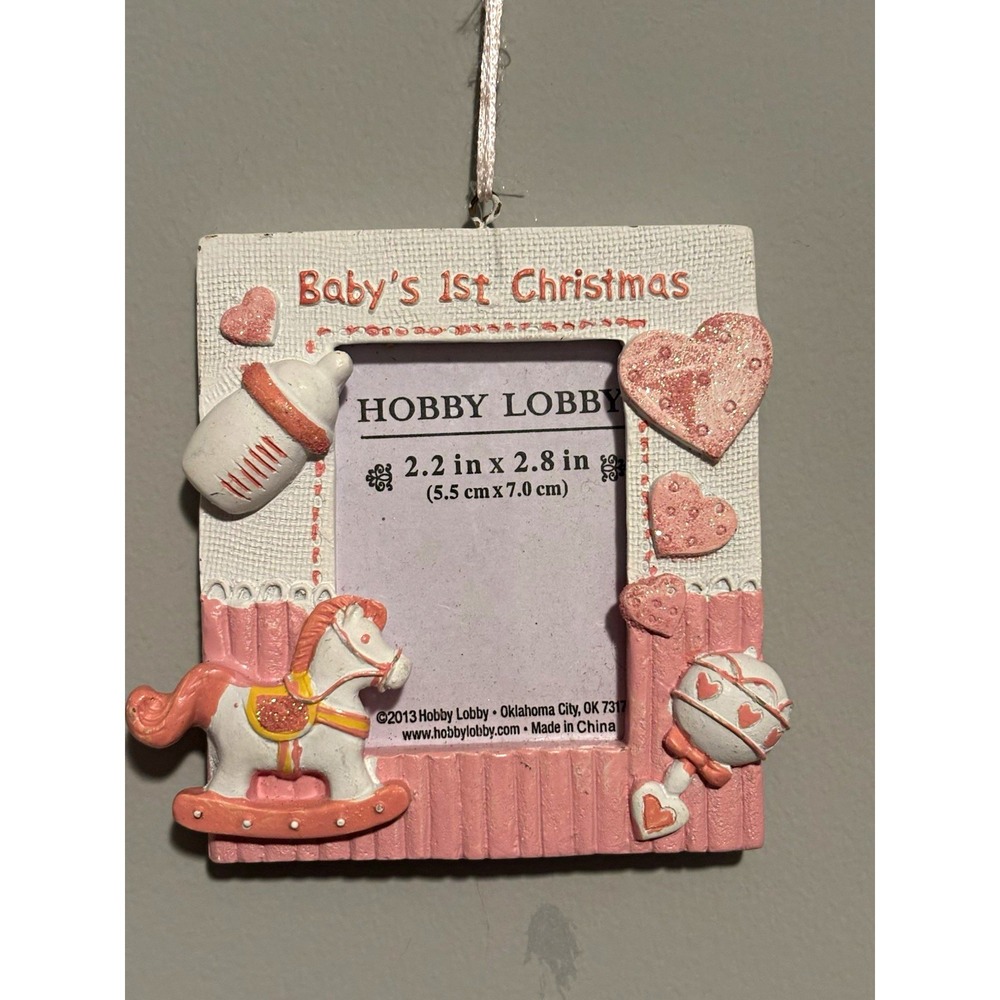 Hobby Lobby Baby's First Christmas Hanging Frame Ornament Pink White Square 2013